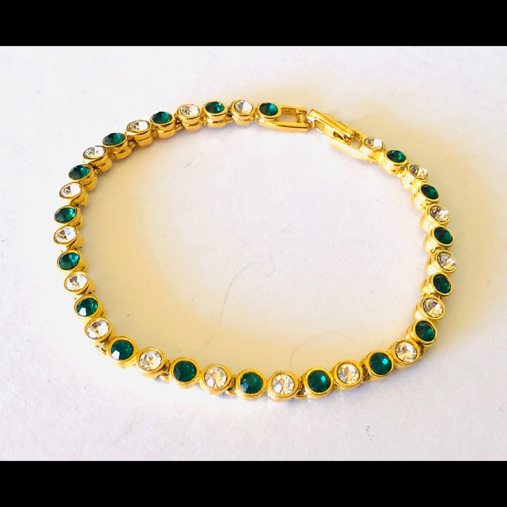 Vintage Gold Clear & Green Rhinestone Bracelet